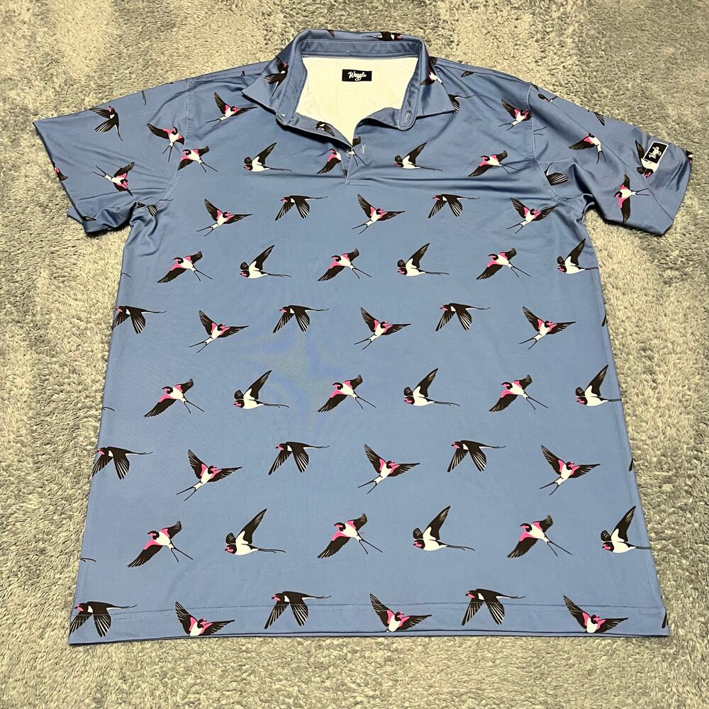 Waggle Polo Shirt Mens XL Blue Birds Golf Polo Performance All Over Print